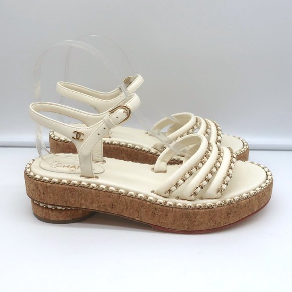 CHANEL CORK PLATFORM SANDALS CREAM CHAIN-TRIM LEATHER SIZE 37.5 CC ANKLE STRAP - Picture 3 of 12